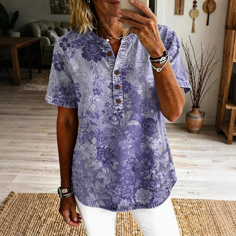 Women's Vintage Floral Art Print Casual Short-sleeve Shirt
