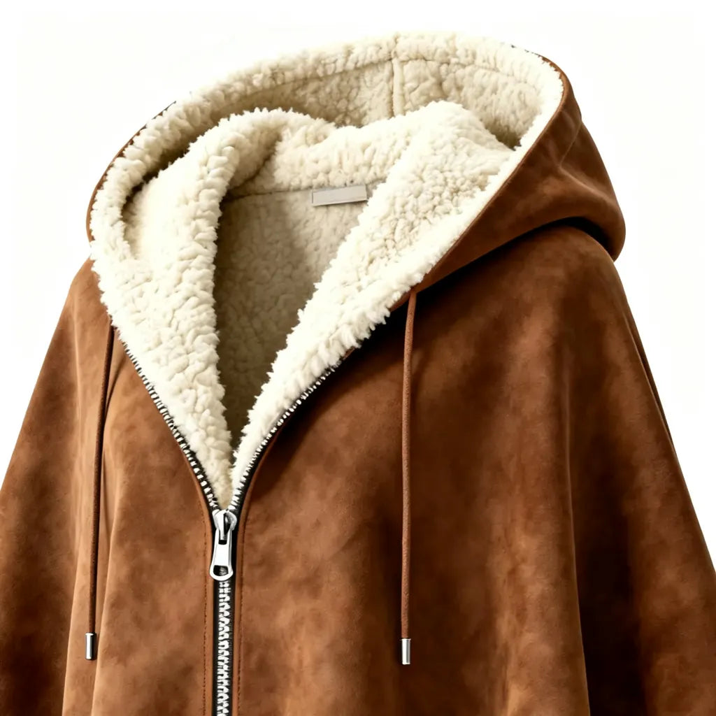 Women's Brown Faux Suede Hooded Cape With Shearling Lining And Fringe Details