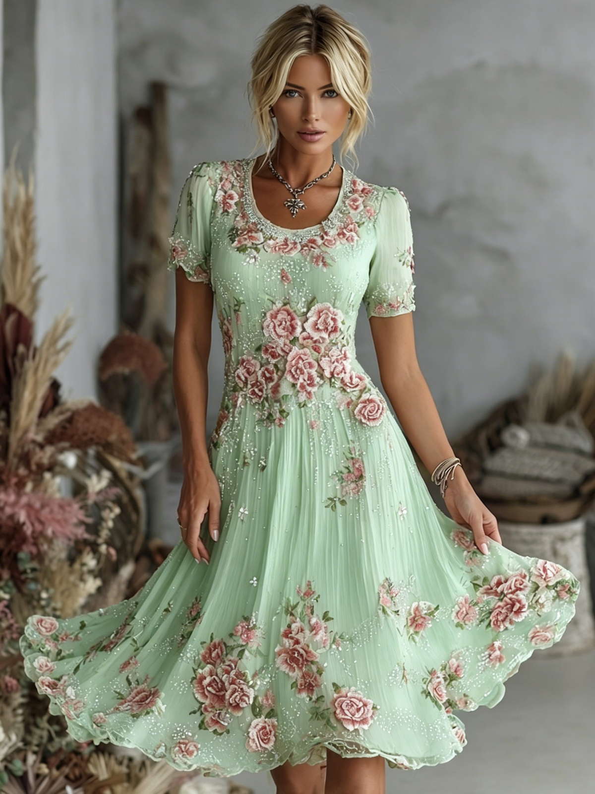 Women's Vintage Floral Art Pattern Crew Neck Short Sleeve Linen Maxi Dress