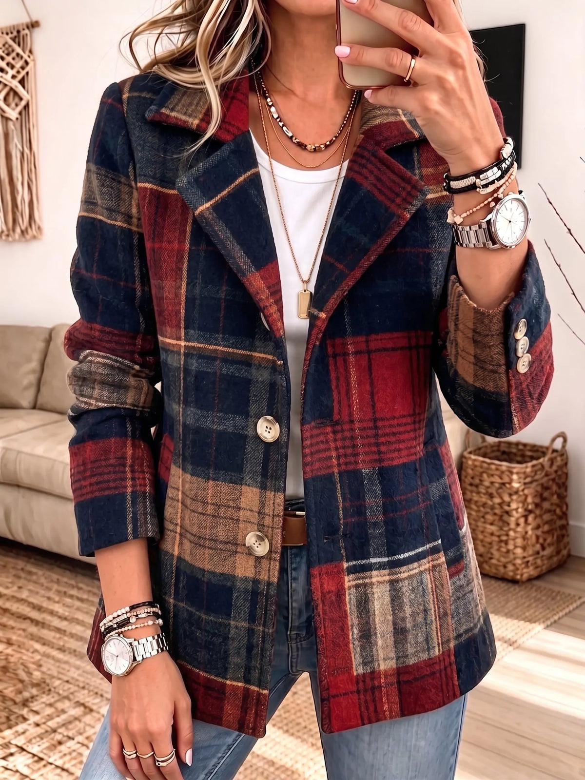 Women Plaid Blazer Notched Lapel Button Down Wool‐Blend Casual Jacket With Pockets