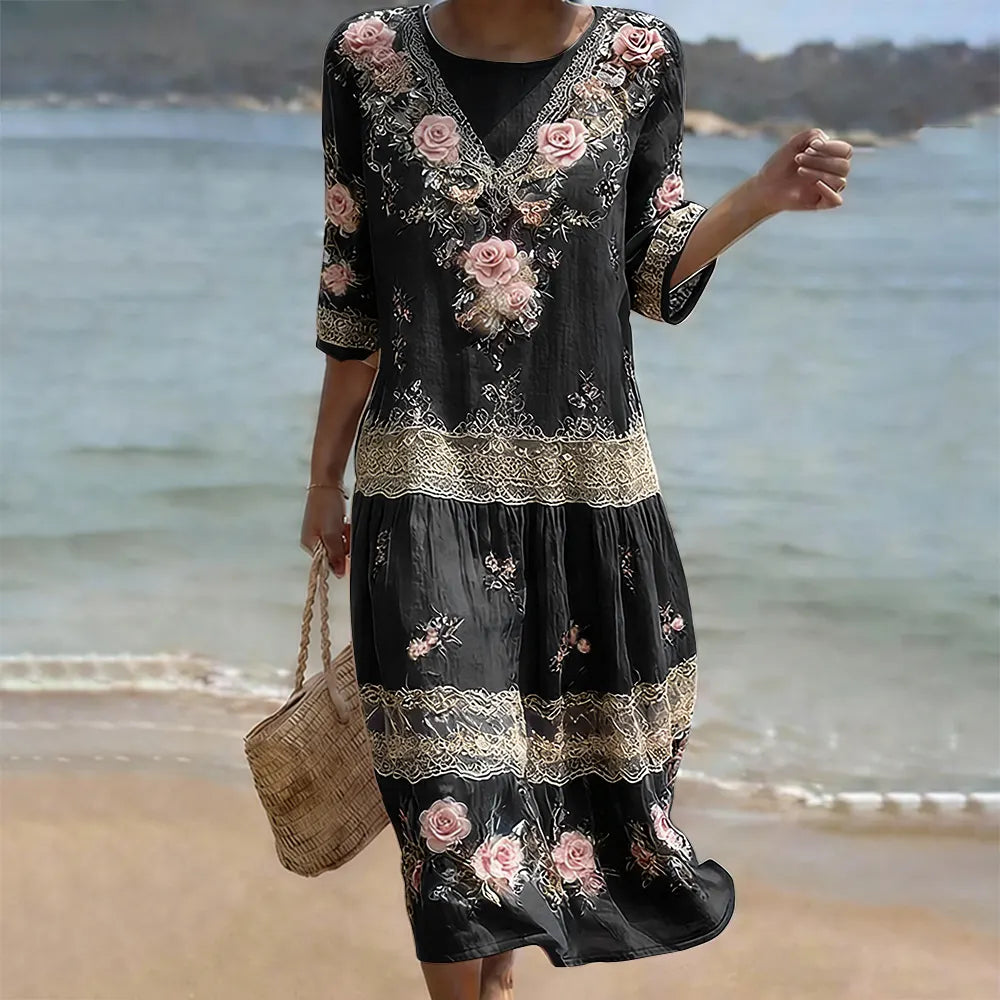 Women's Vintage Pink Flower Embroidery Art Midi Dress