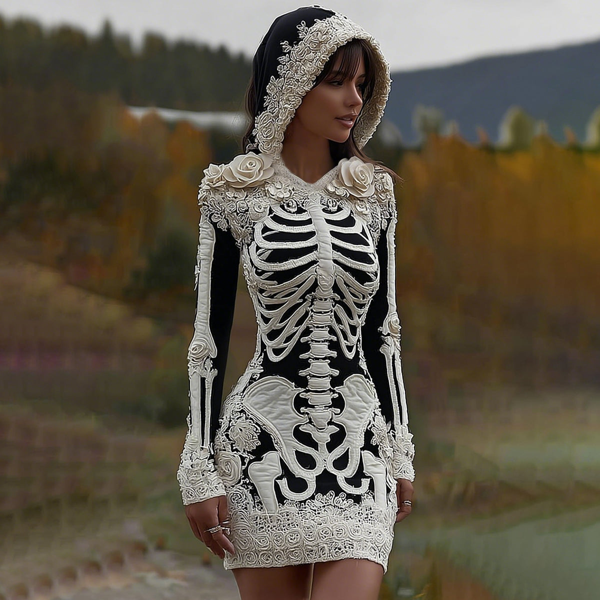 Women's Vintage Halloween Skeleton Bones With Rose Art Cozy Knit Hooded Sweater Dress