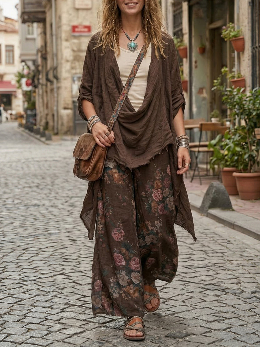 Relaxed And Casual Bohemian-style Linen Top And Printed Trousers Two-piece Set