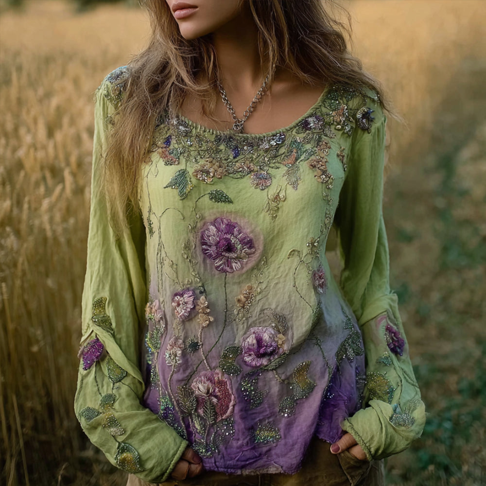 Bohemian Style Embroidered Plant Vitality Round Neck Long Sleeve Casual Vintage Top