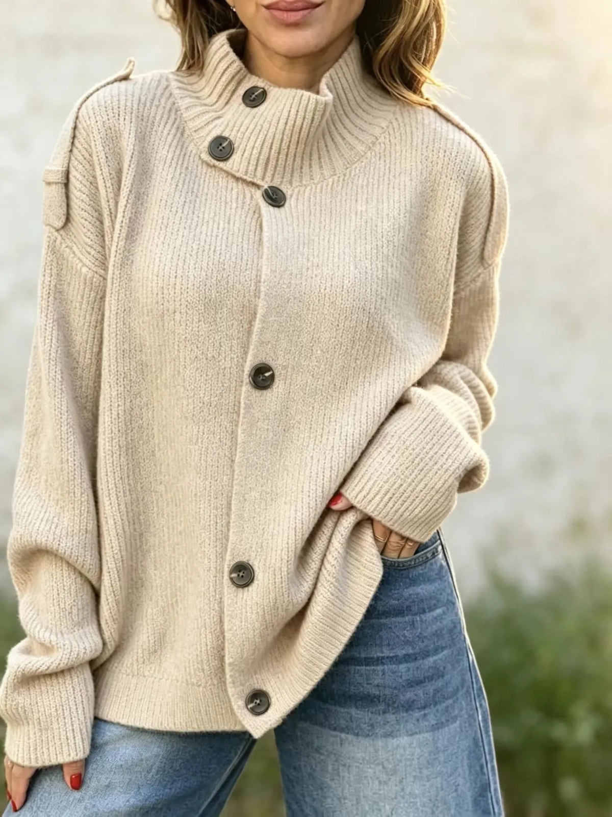 Stand Collar Button‐Down Shoulder Detail Knit Cardigan