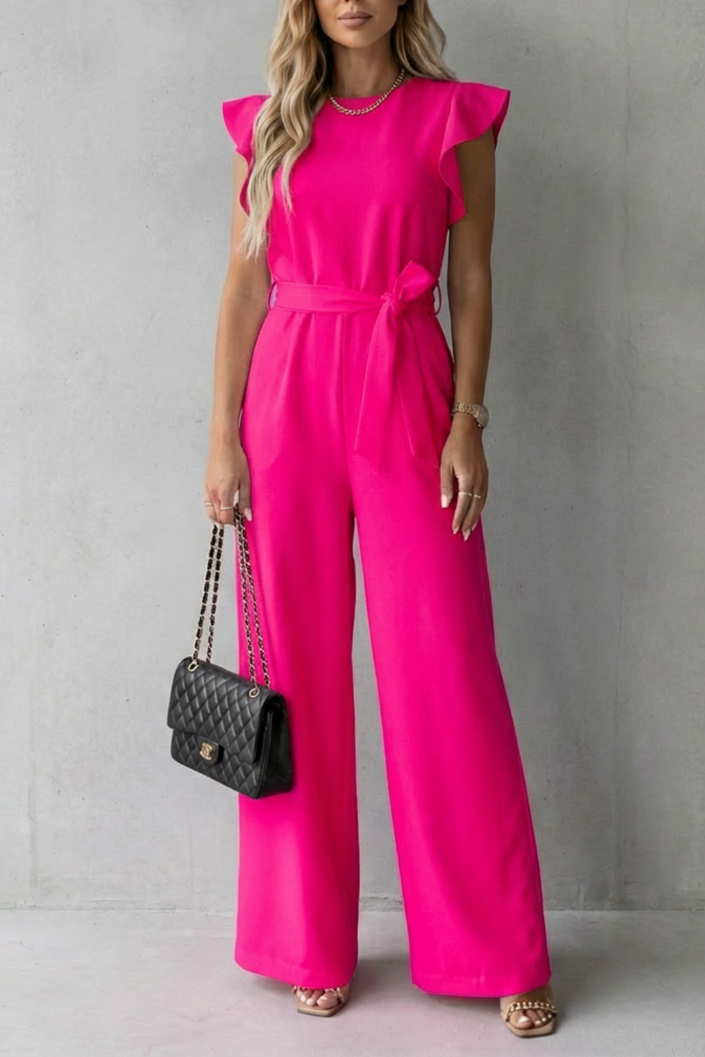 Ruffle sleeve belted – Wide-leg jumpsuit
