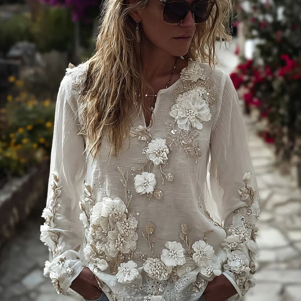 Bohemian Beaded Rose Romantic Casual Round-neck Long-sleeved Sweater
