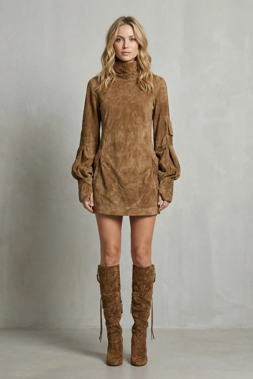 High neck silhouette – Suede-effect mini dress