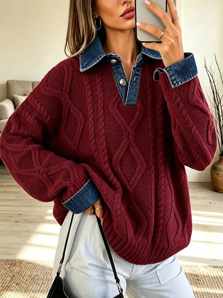 Retro Denim Patchwork Art Casual Stylish Long Sleeve Knit Sweater
