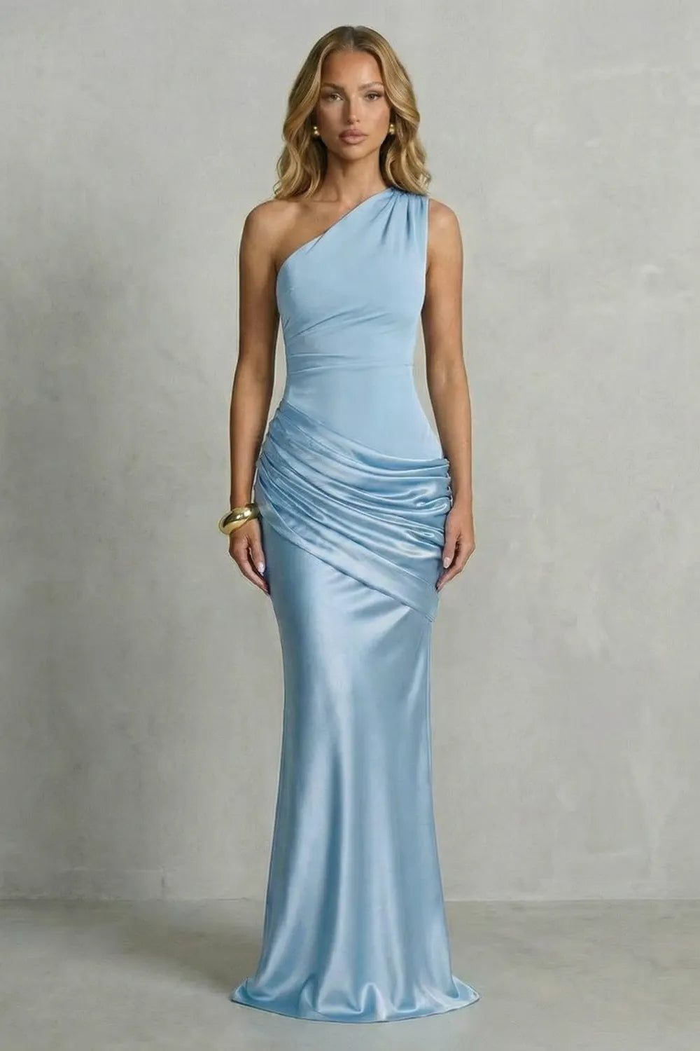 Satin draped elegance – One shoulder maxi dress