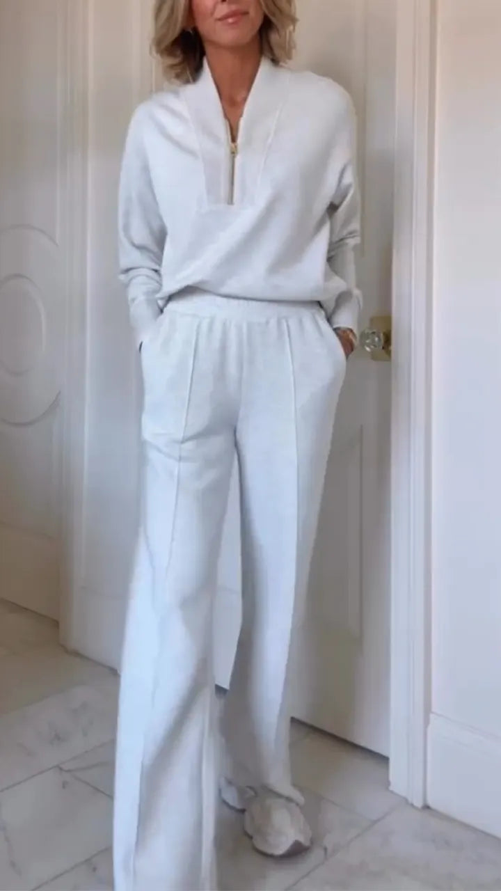 Women Round Neck Half-zip Top + Pants Casual Suit