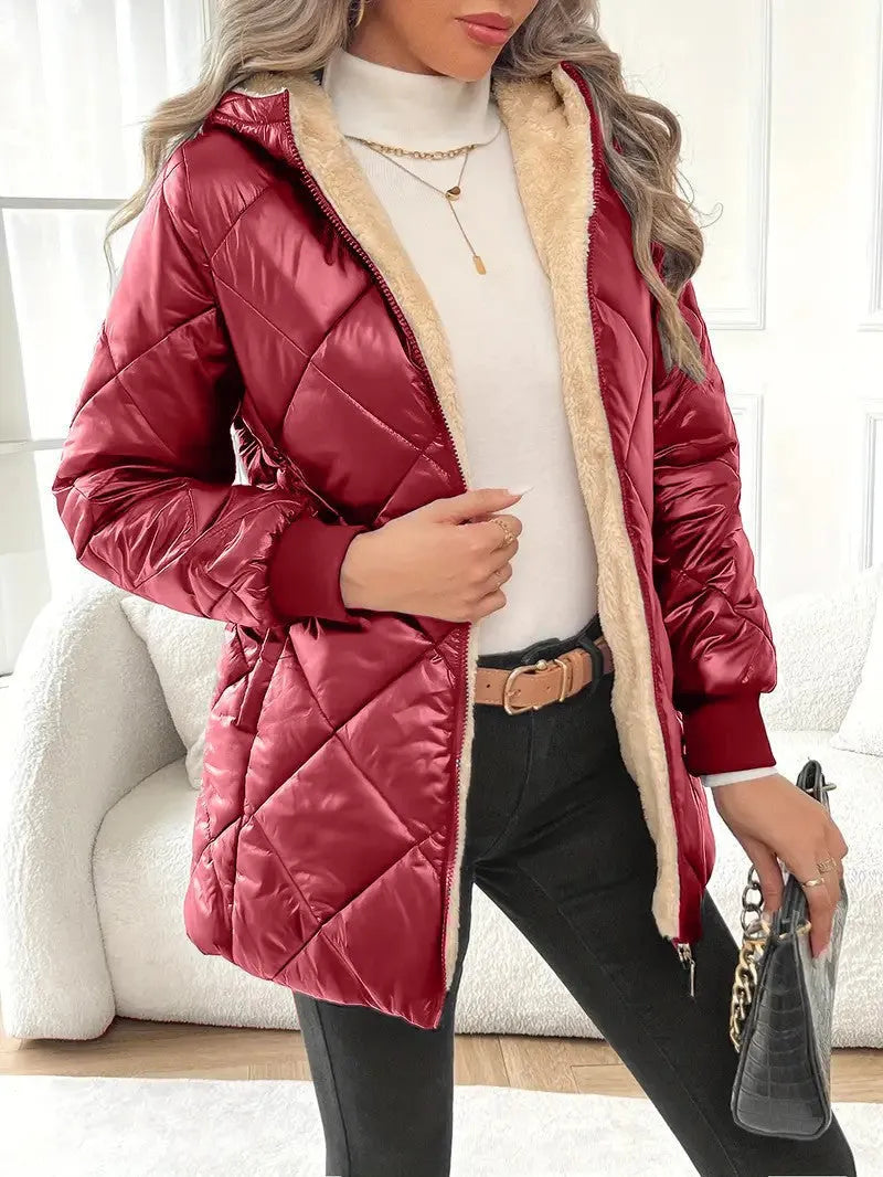 Fleece Lined Hooded Quilted Puffer Jacket Women Zip Up Winter Coat