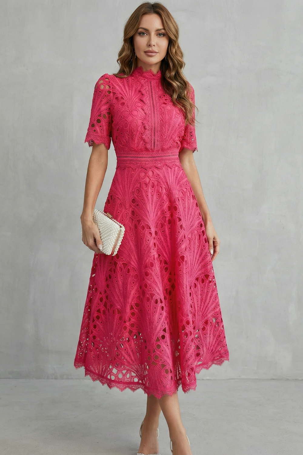 Ornate lace refinement – High-neck midi dress