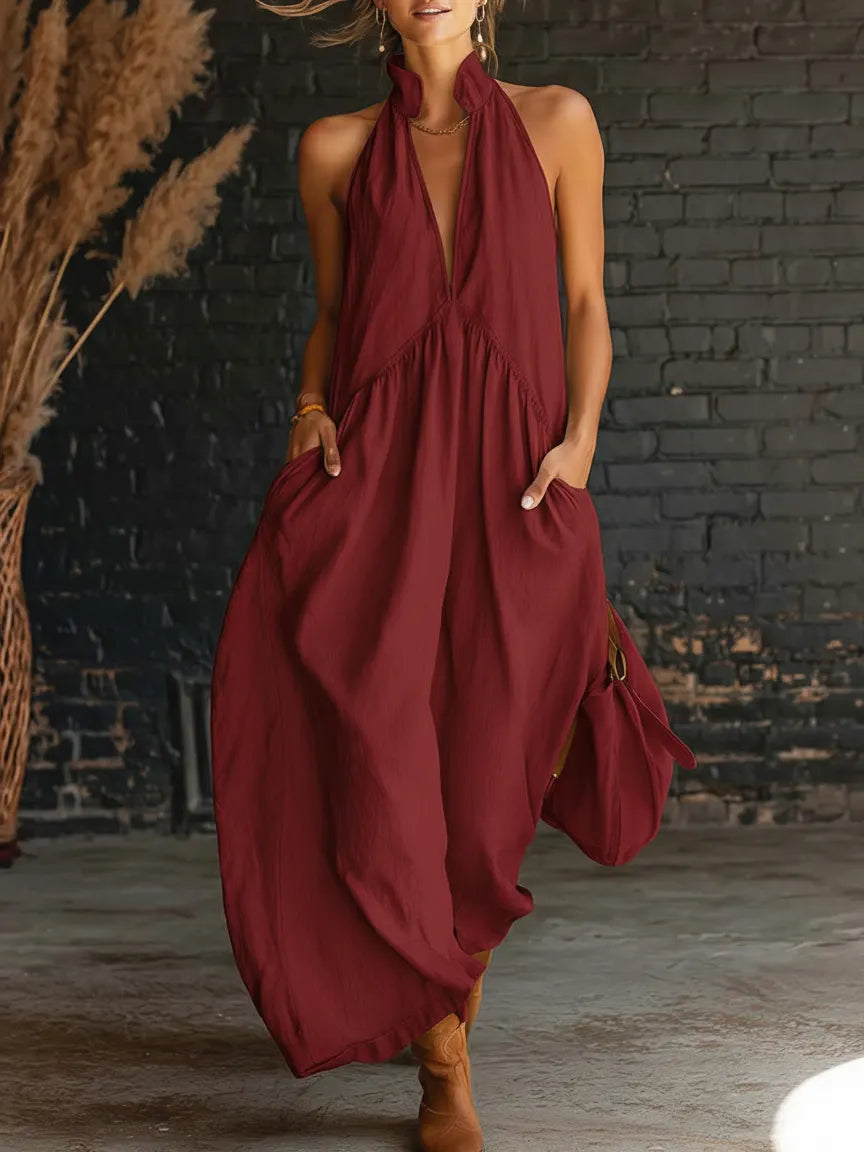 Elegant Resort-style Stand-collar Cotton Dress