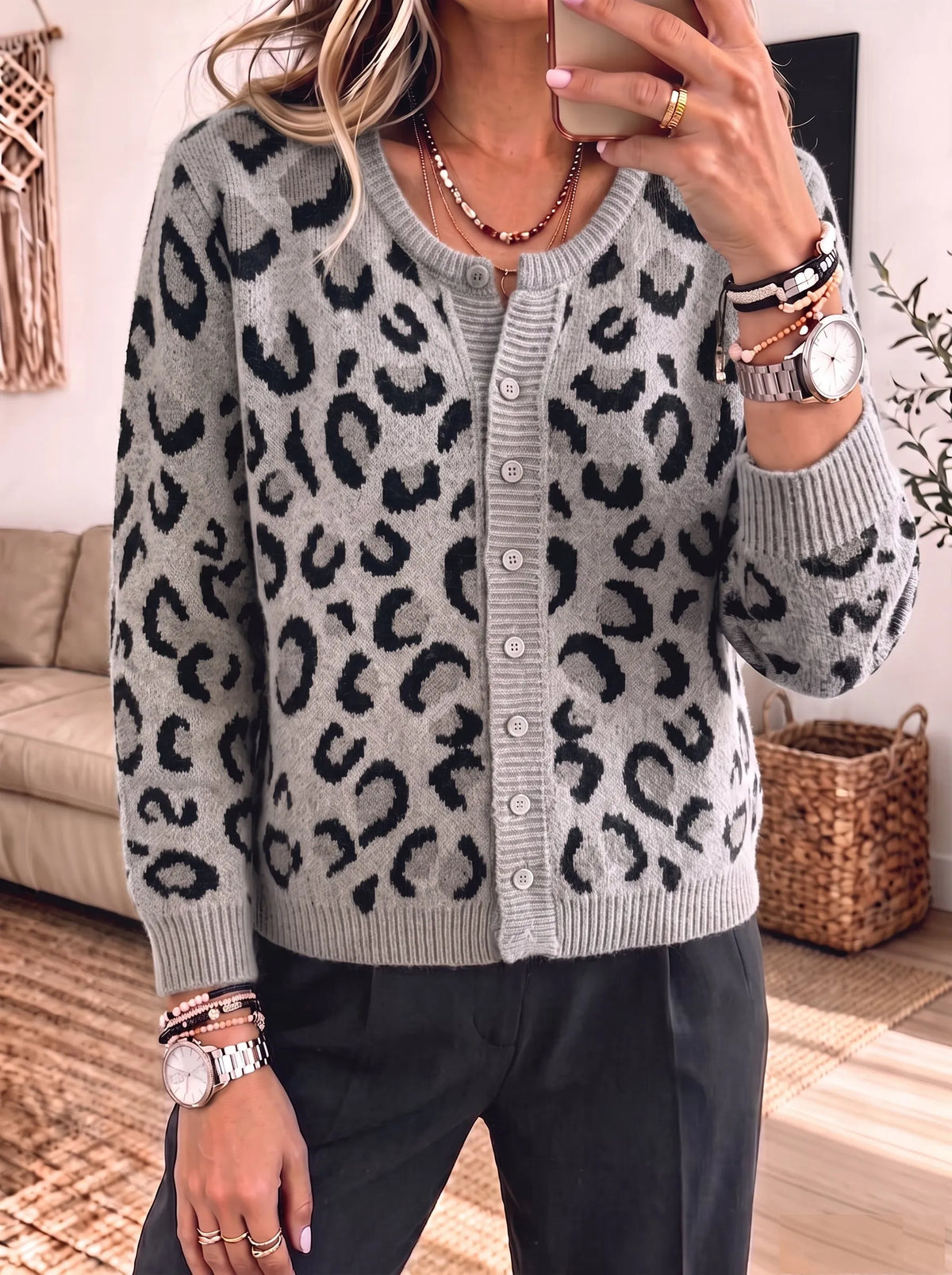 Leopard Print Round Neck Button‐front Long Sleeve Knit Cardigan