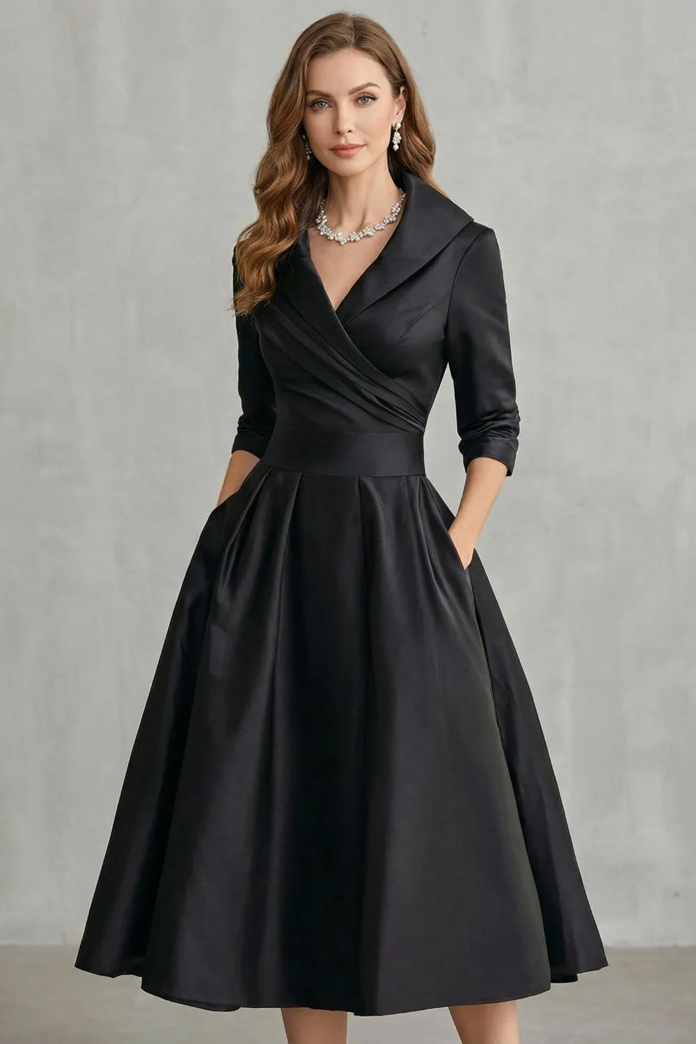 Draped collar elegance – Midi dress