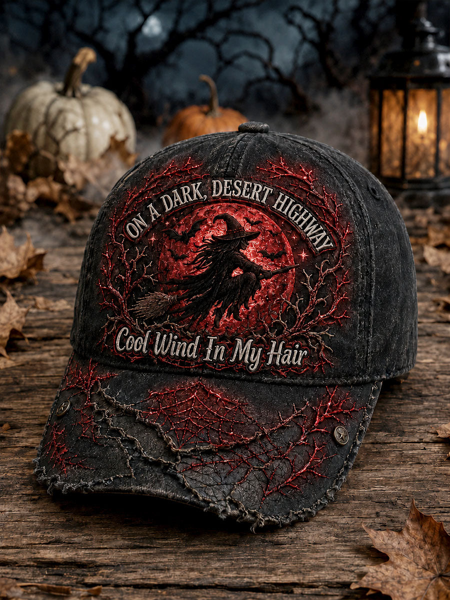 Red Moon Flying Witch “On a Dark Desert Highway” Halloween Baseball Cap