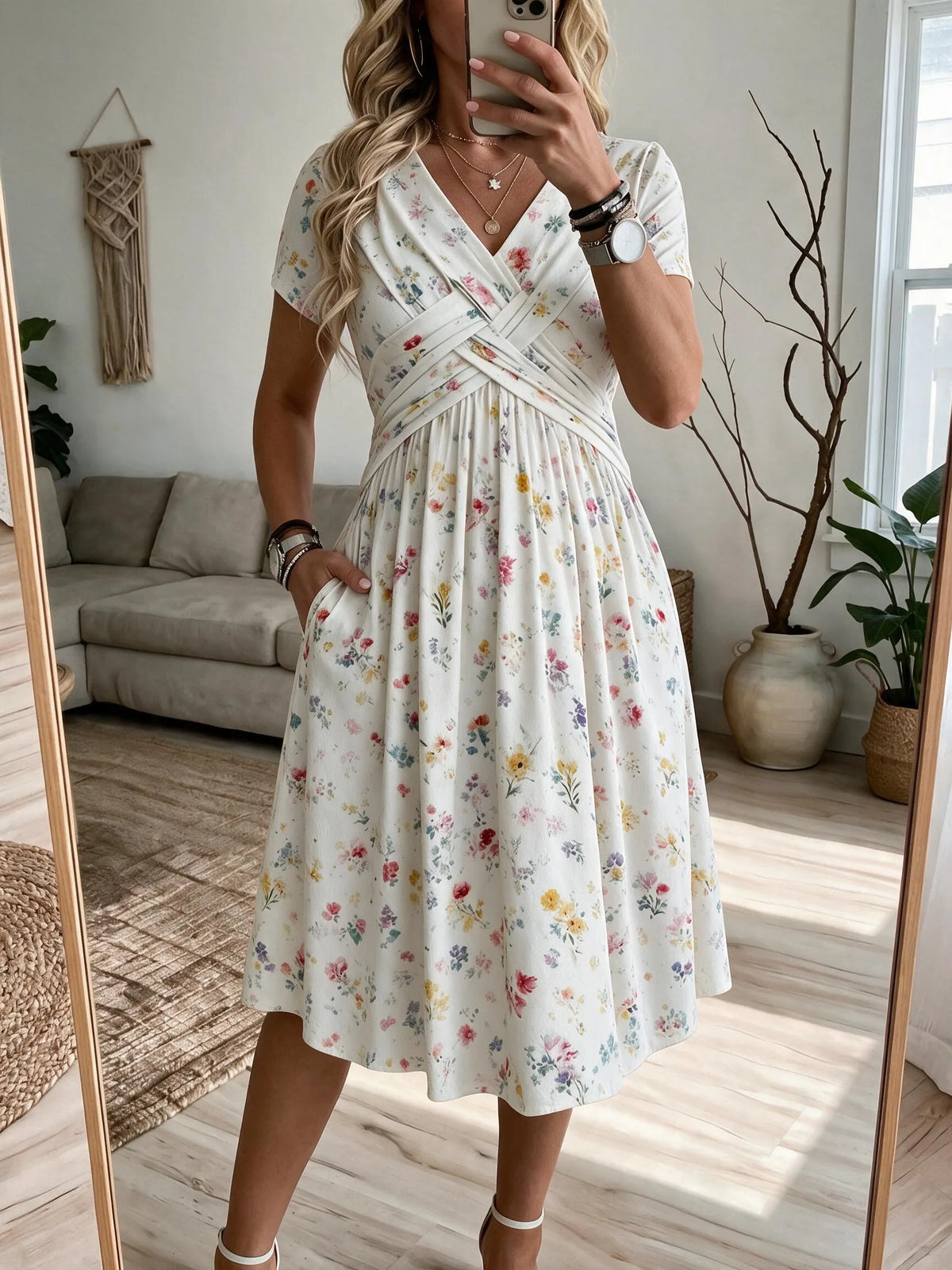 Women's V-Neck Floral Print Dress with Twist Waist