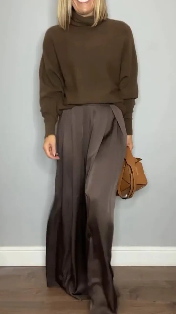 Women Round Neck Solid Color Knitted Top + Pants Casual Suit
