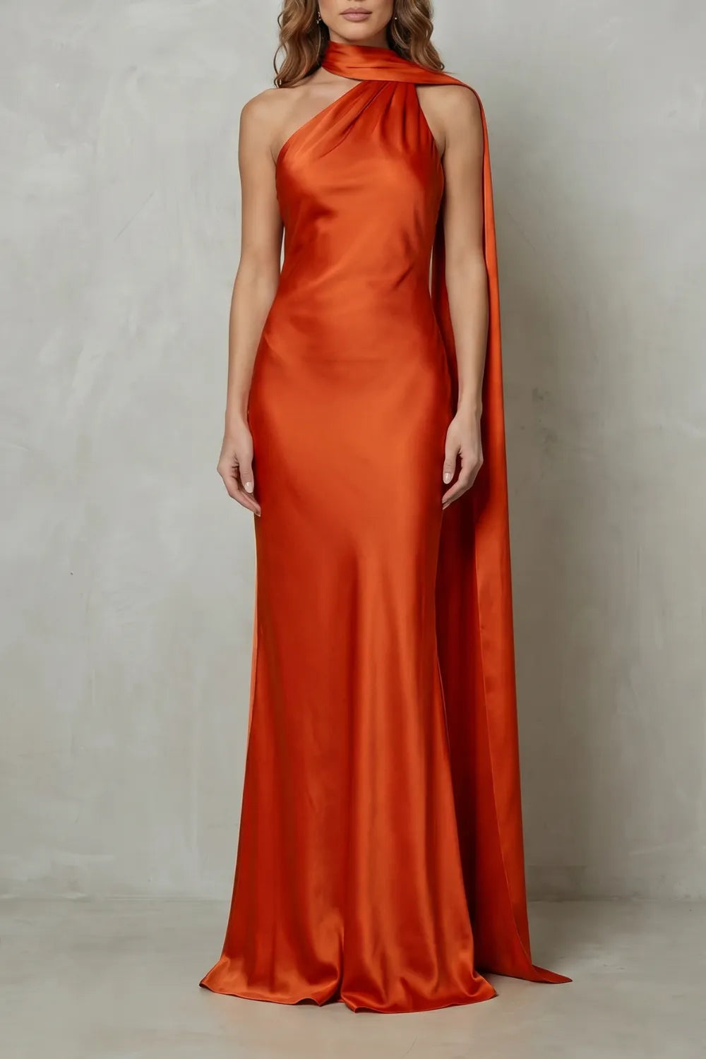 Draped neckline cascade – Satin mermaid gown
