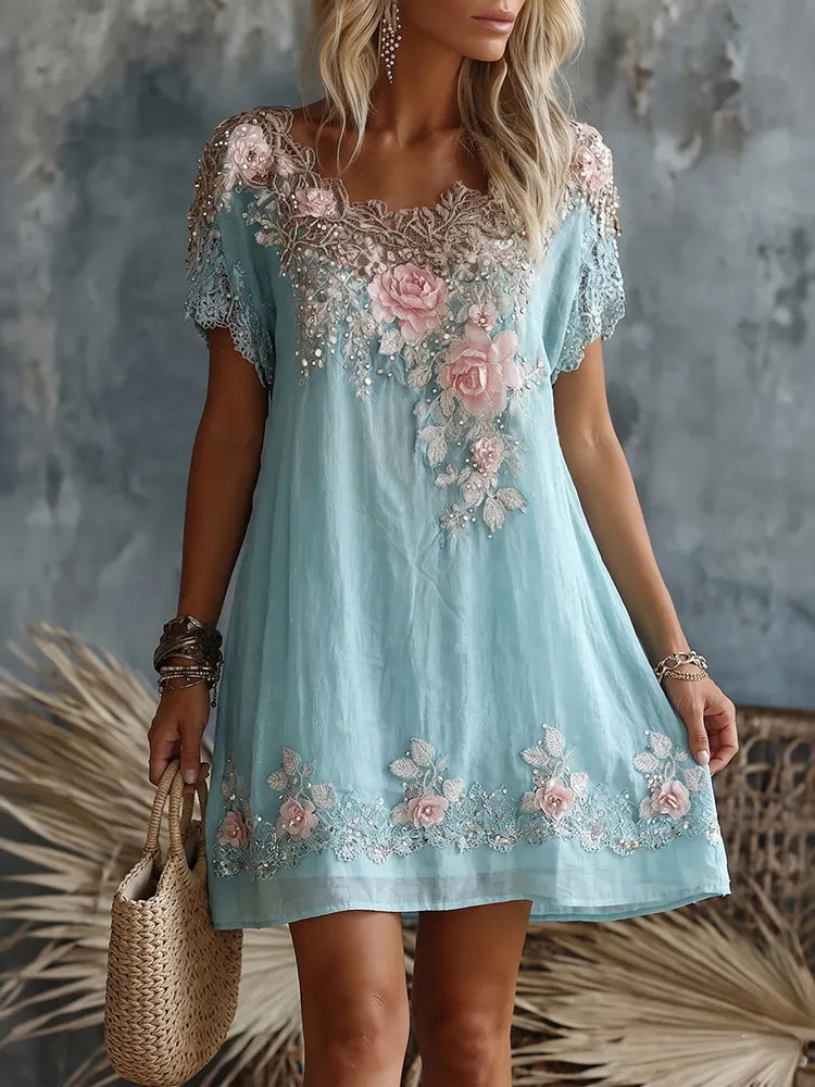 Women's Retro Rose Floral Embroidery Pattern Short Sleeve Linen Dress