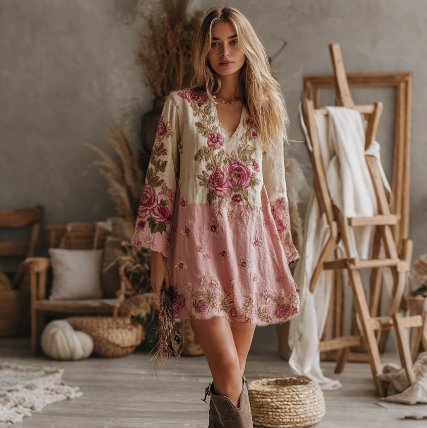 Women's V Neck Boho Classy Gradient Pink Roses Embroidered Art Casual Dress
