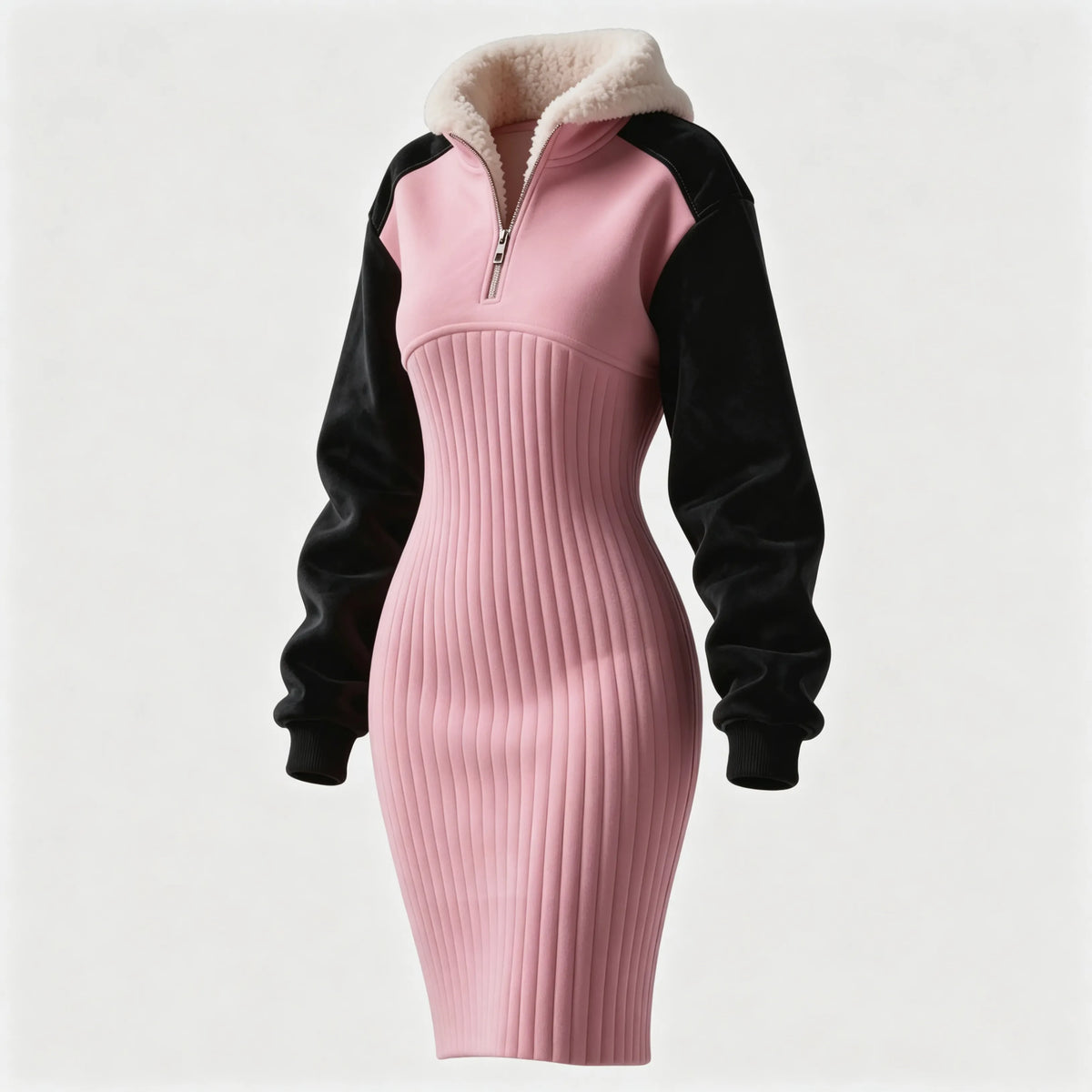 Women's Contrast Color Stitching Suede Lambswool Lapel Hooded Long Sweatshirt