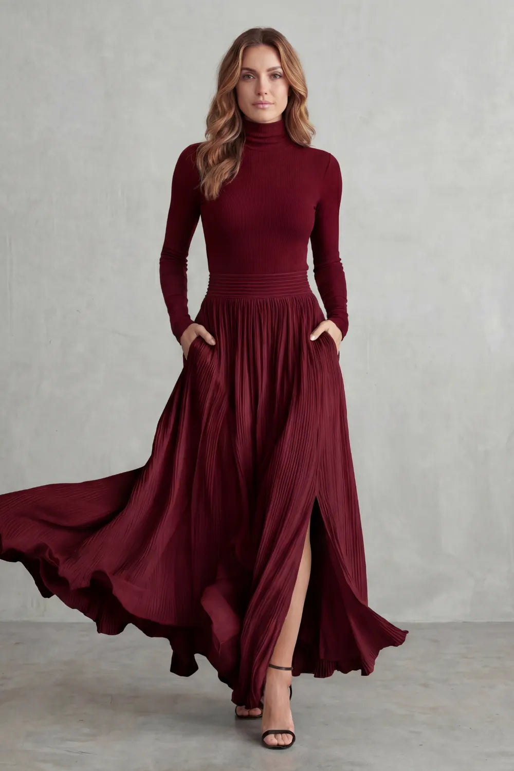 Pleated flow silhouette – Two-piece turtleneck set