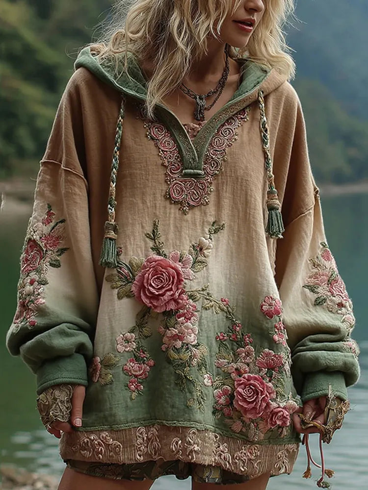 Love & Health Collection Vintage Rose And Floral Art Linen Long Sleeve Hoodie