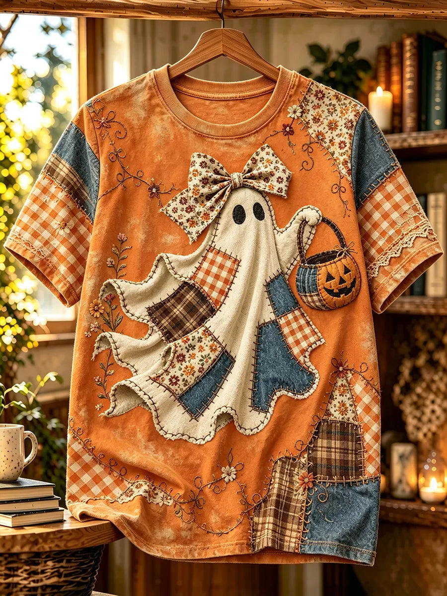 Vintage Patchwork Ghost Halloween Graphic Tee