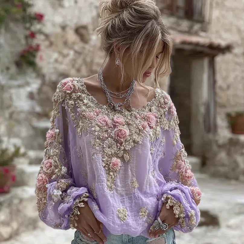 Women's Vintage Pink Flower Embroidery Art Round Neck Long Sleeve Linen Blend T-shirt