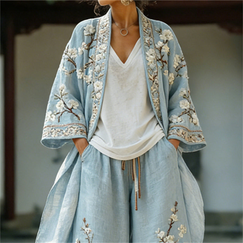 Almond Blossom Japanese Art Long Kimono & Pants Linen Set