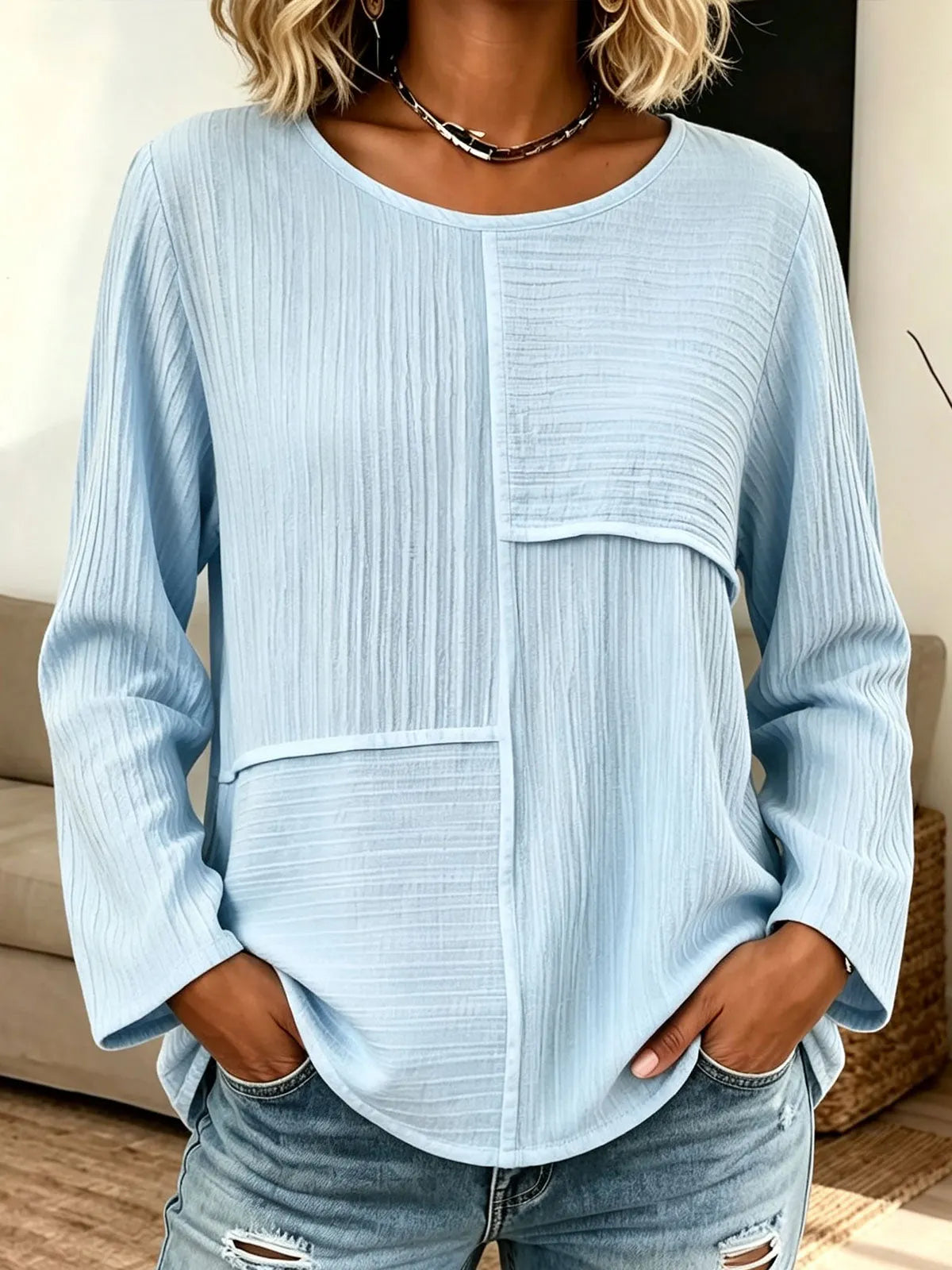 Women Patchwork Textured Long Sleeve Crew Neck Casual Loose Blouse Top,
