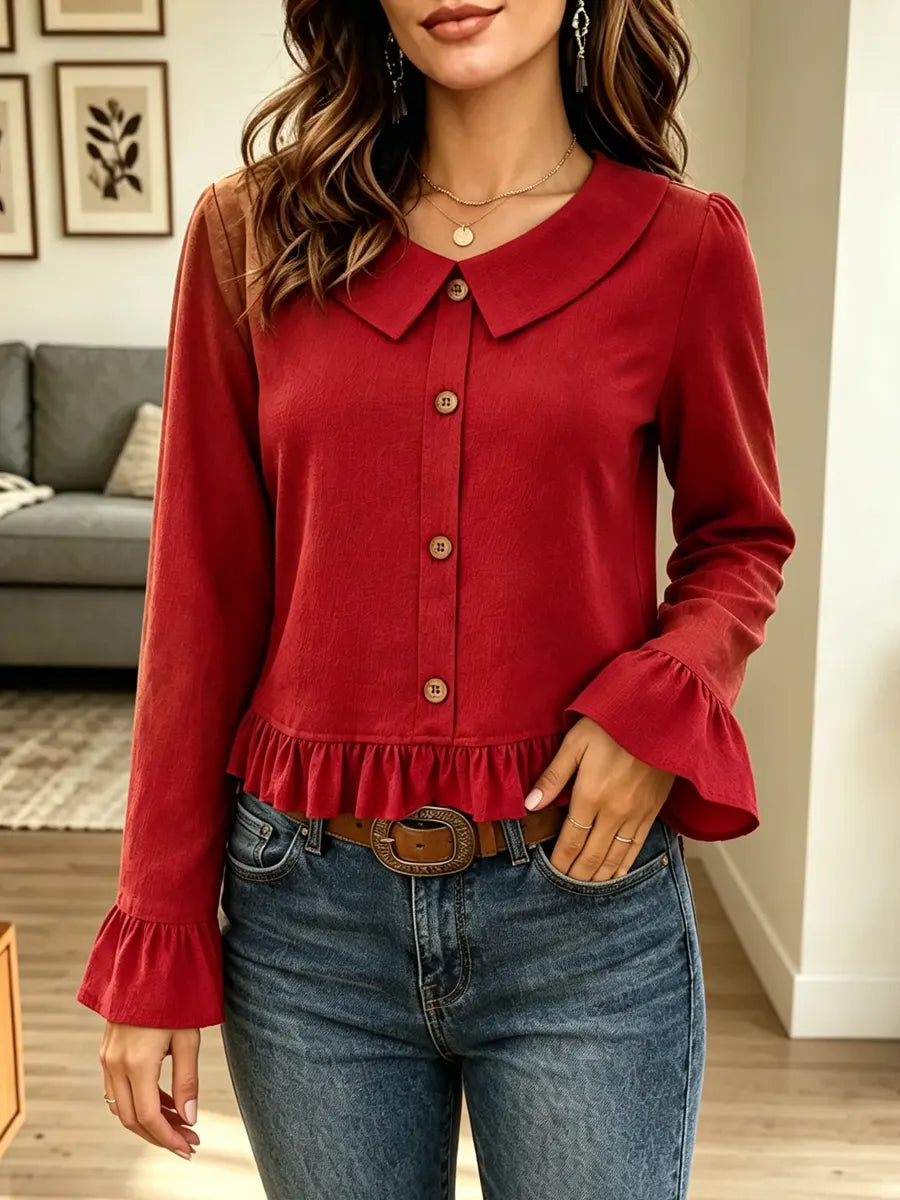 Retro Ruffle Peter‐pan Collar Art Casual Stylish Long Sleeve Shirt