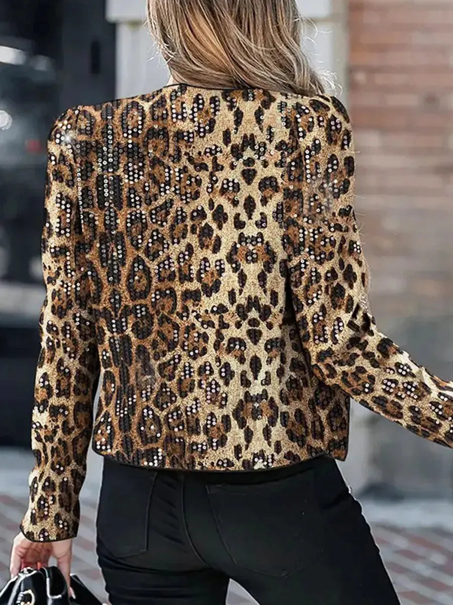 Retro Chic Leopard Sequin Casual Stylish Long Sleeve Coat