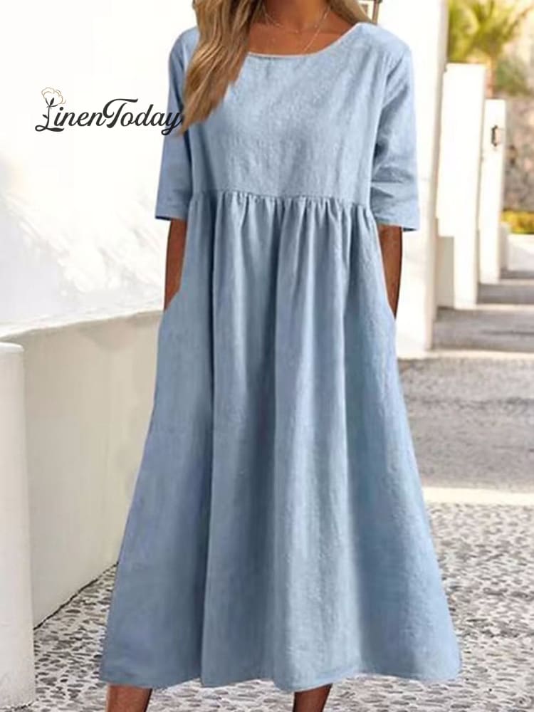Cotton And Linen Casual Short Sleeve Pocket Pleated Loose Round Neck Dress