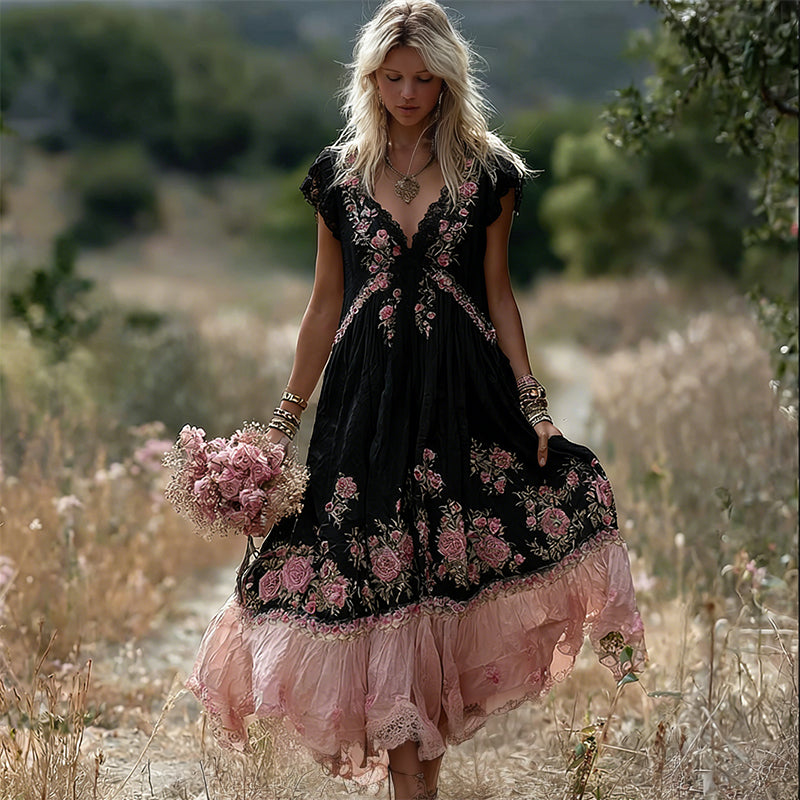 Boho Pink Floral Embroidered Lace Trim Flowy Linen Maxi Dress