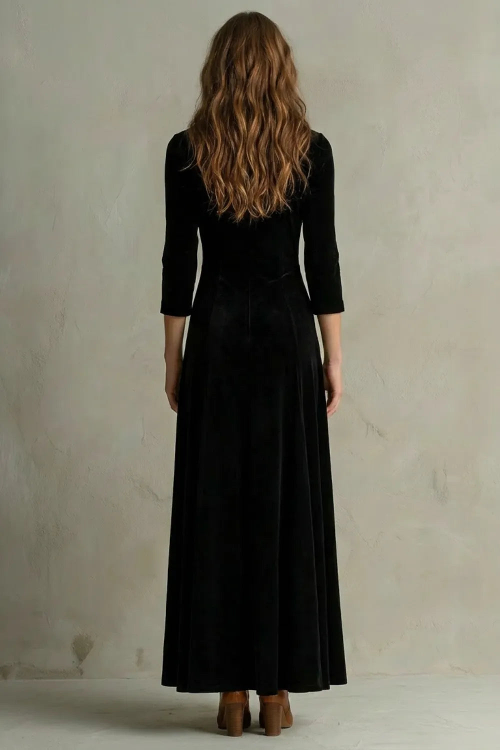 Vintage Velvet Long Dress – Elegant Buttoned Swing Skirt with Lapel Detail