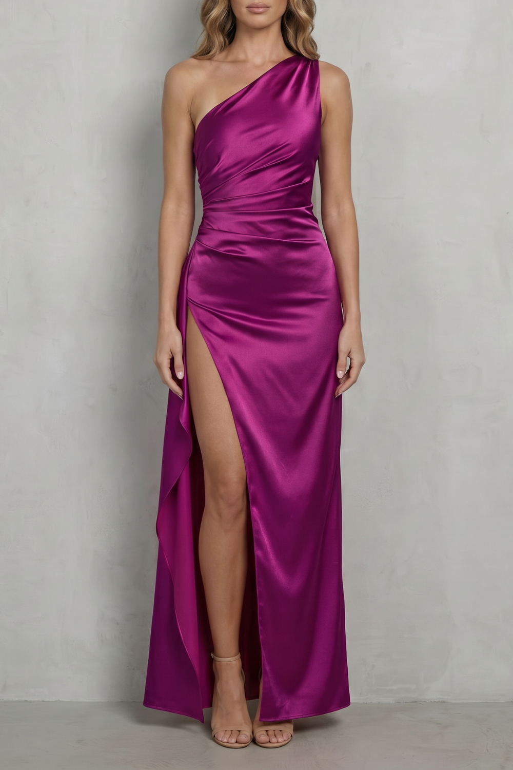Liquid satin drape – One-shoulder evening gown