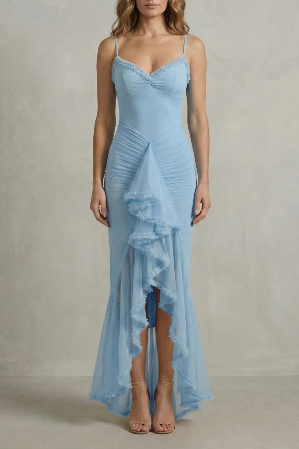 Feminine ruffle allure – Sleeveless high low maxi dress