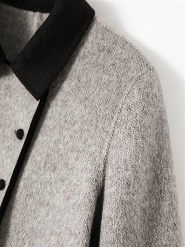 Contrast Trim Double Breasted Mid‐Length Wool Blend Coat Women