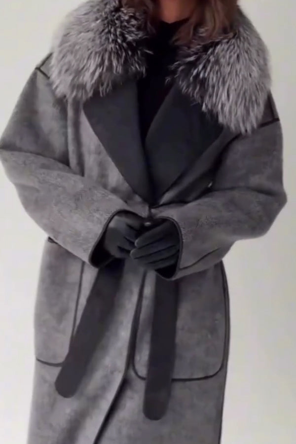 Women Casual Fur Collar Cross Tie Contrast Line Coat