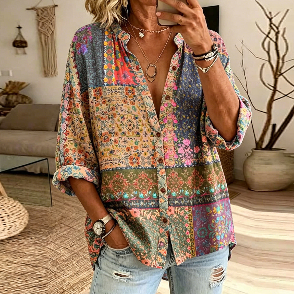 Women's Retro Bohemian Print Button-up Shirt