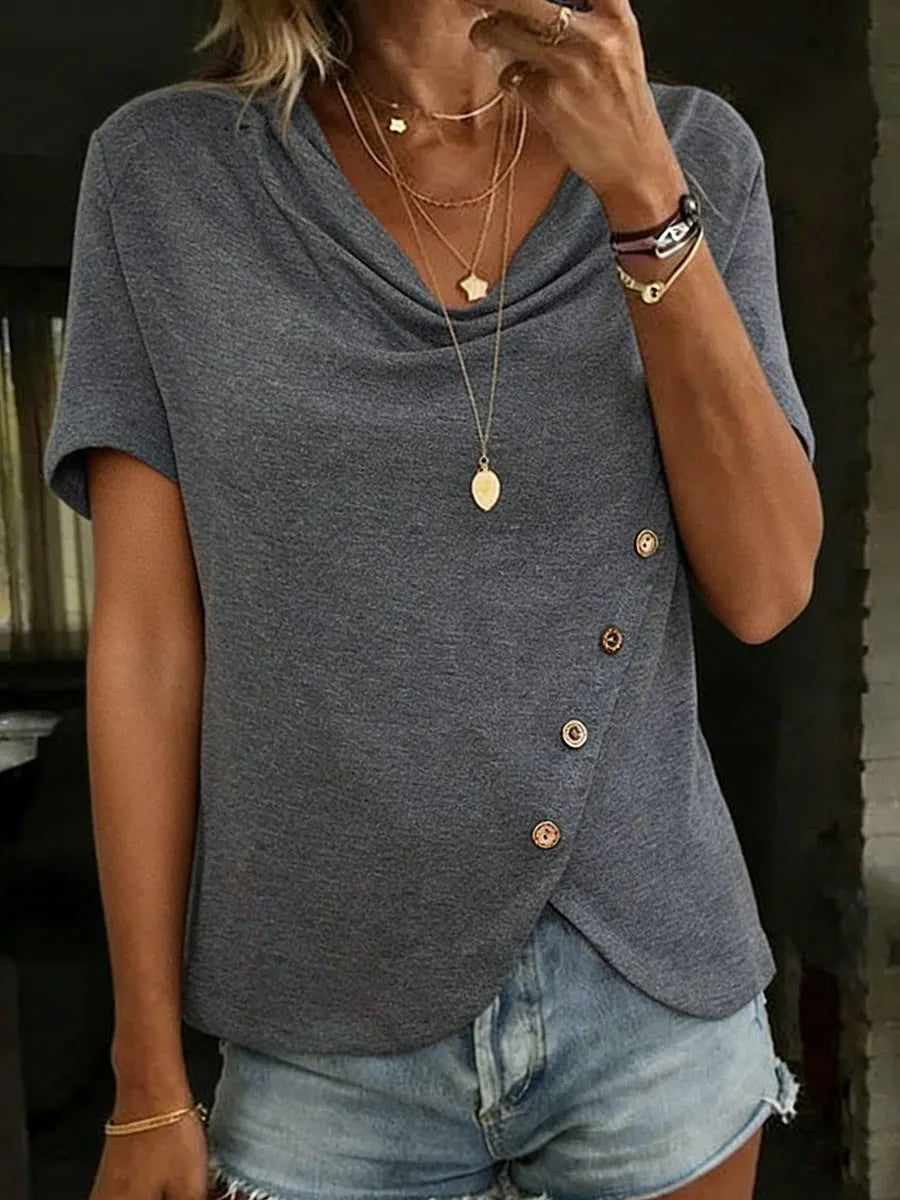 Women's Elegant Solid Color Ruffled Collar Button 100% Cotton Short-sleeved T-shirt