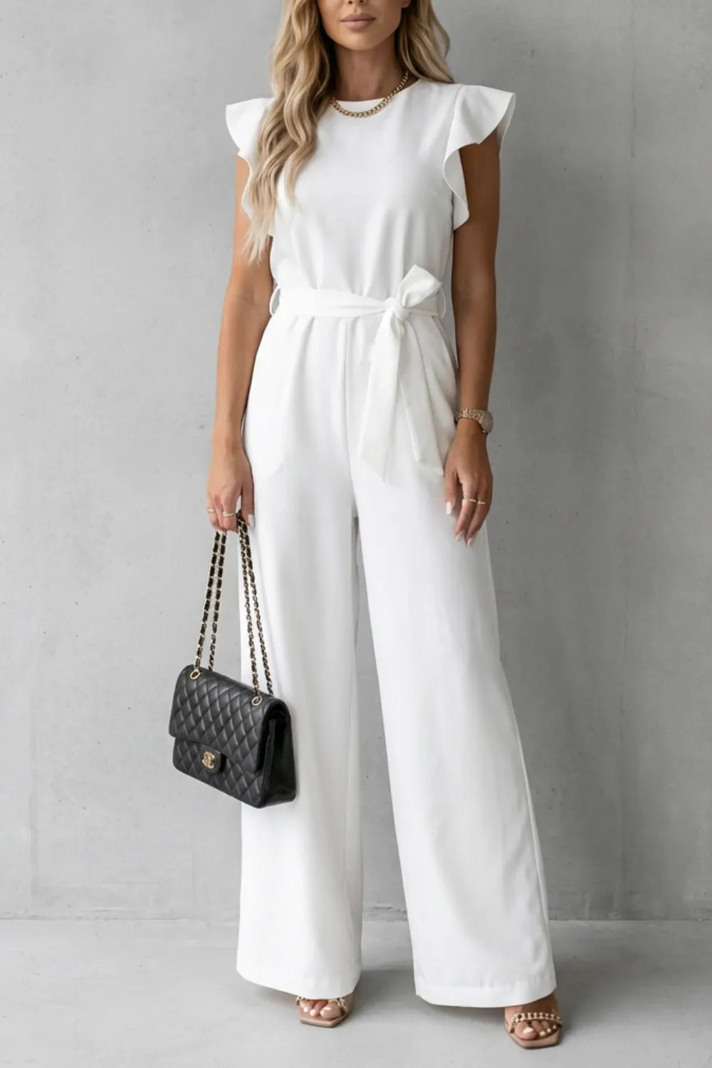 Ruffle sleeve belted – Wide-leg jumpsuit