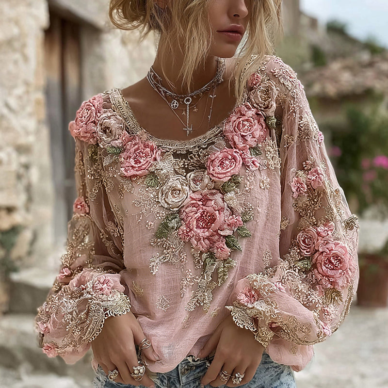 Women's Pink Rose Embroidery Art Round Neck Long Sleeve Linen Blend T-shirt