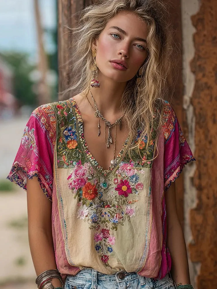 Women's Bohemian Floral Embroidery Art V-neck Contrast Color Linen Blend T-shirt