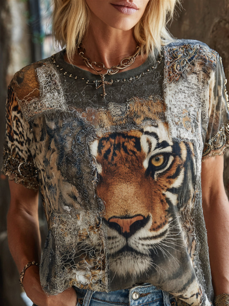 Women's Leopard And Animal Print Spliced Art Linen Blend Crew Neck Short Sleeve Top