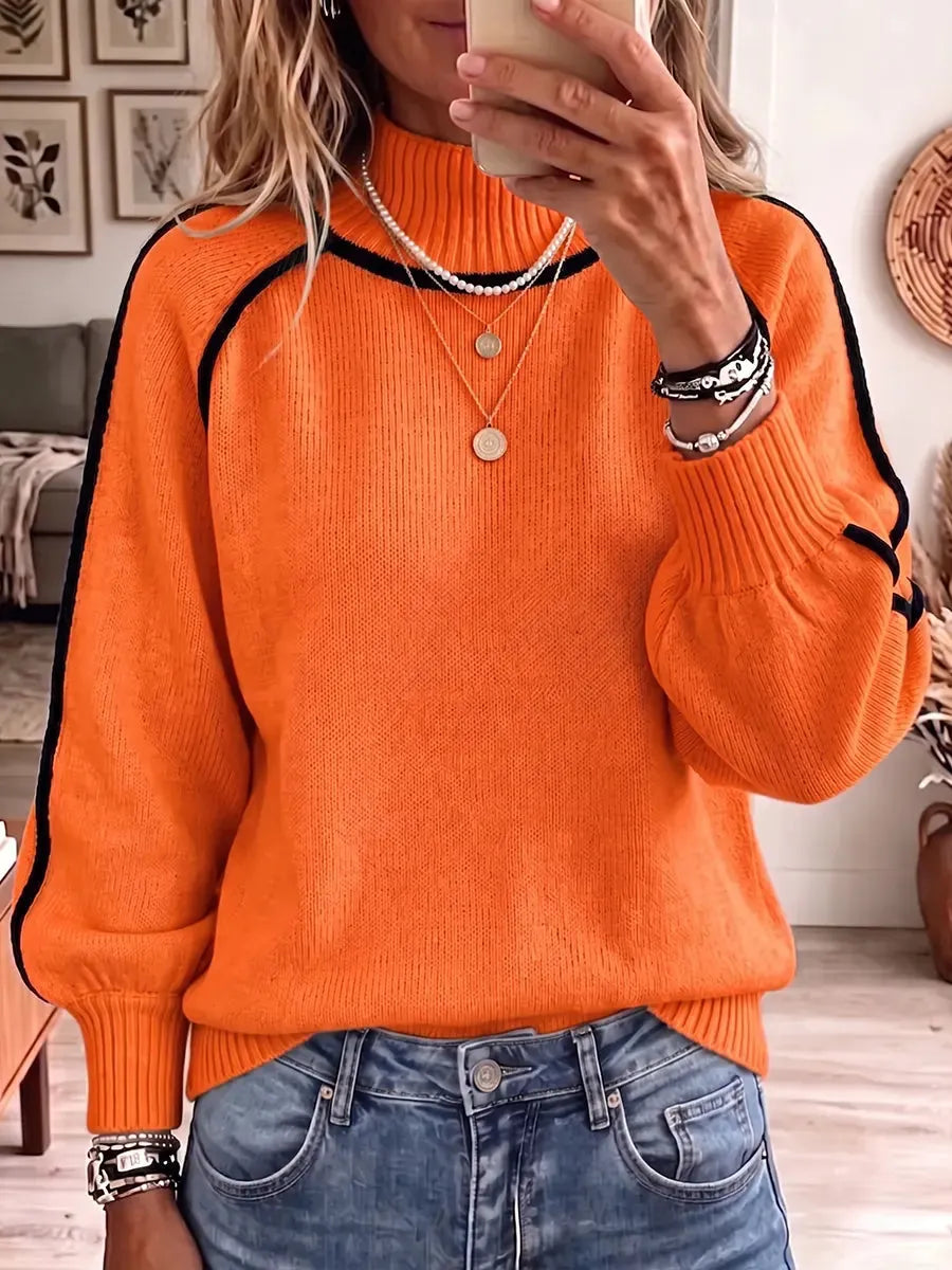 Vintage Elegant Knit Top Color-blocked Turtleneck Warm Sweater