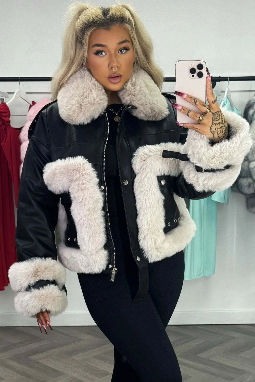 Faux Fur Trim Faux Leather Jacket Black